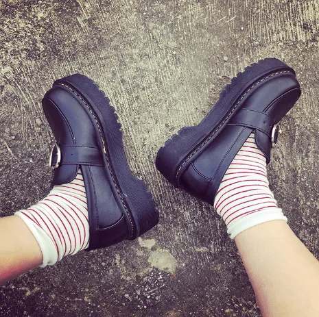 Platform Heart Buckle Black Leather Closed Boots