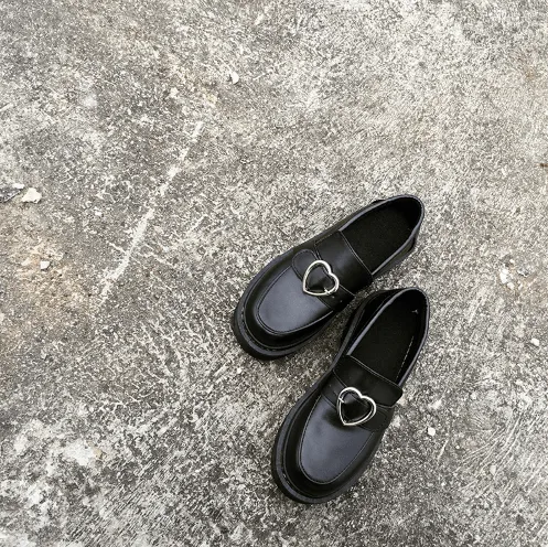 Platform Heart Buckle Black Leather Closed Boots