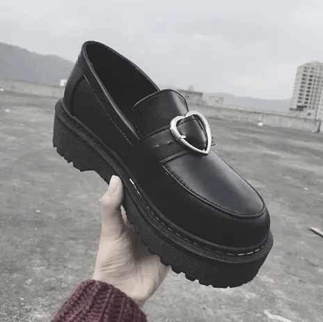 Platform Heart Buckle Black Leather Closed Boots