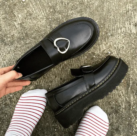 Platform Heart Buckle Black Leather Closed Boots