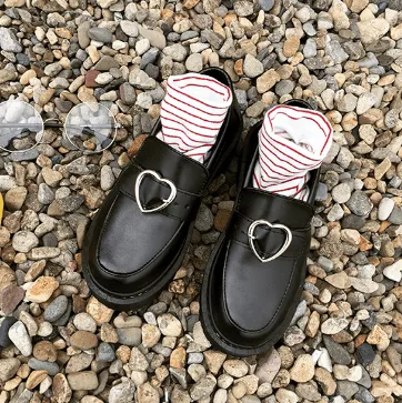 Platform Heart Buckle Black Leather Closed Boots