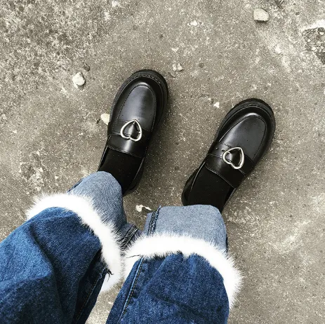 Platform Heart Buckle Black Leather Closed Boots
