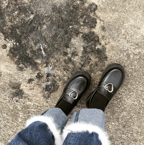 Platform Heart Buckle Black Leather Closed Boots