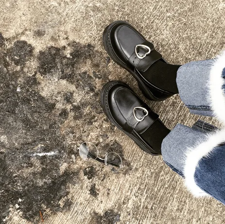 Platform Heart Buckle Black Leather Closed Boots