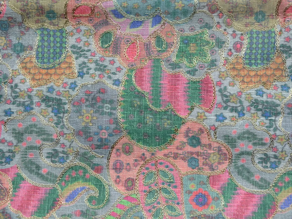 Silver Traditional Digital Print Heavy Zari Embroidered Mulberry Silk Fabric