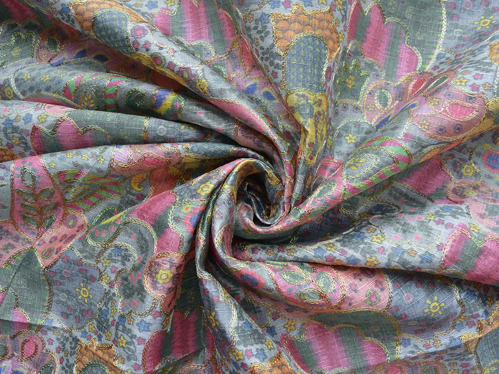Silver Traditional Digital Print Heavy Zari Embroidered Mulberry Silk Fabric