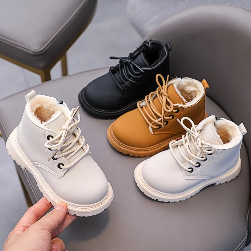 Simple Pure Color Girls Snow Boots Super Warm Thicken Plush Inner Handsome Kids Boy Platform Shoes