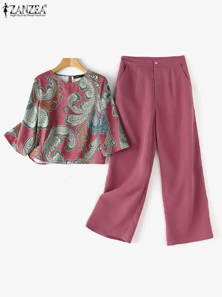 Summer Vintage Floral Printed Blouse & Wide Leg Pants Sets