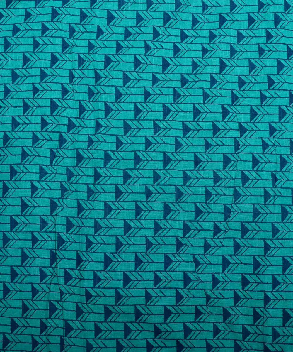 Turquoise Colour Geometry Print Cotton Slub Fabric