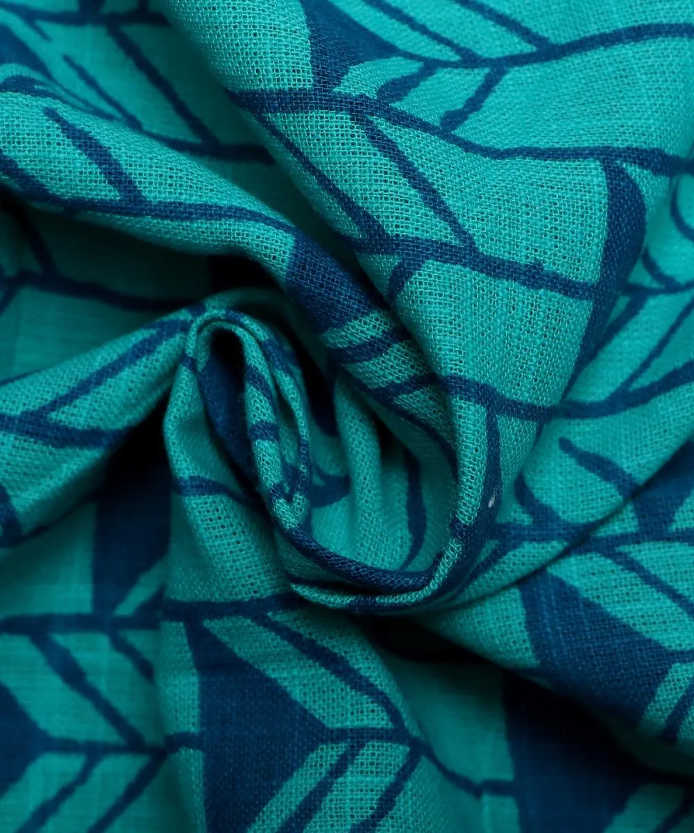 Turquoise Colour Geometry Print Cotton Slub Fabric