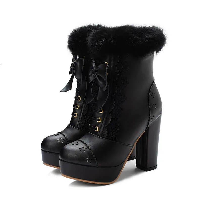 Uniwim Rabbit Fur Lolita Kawaii Bow Boots SE20658