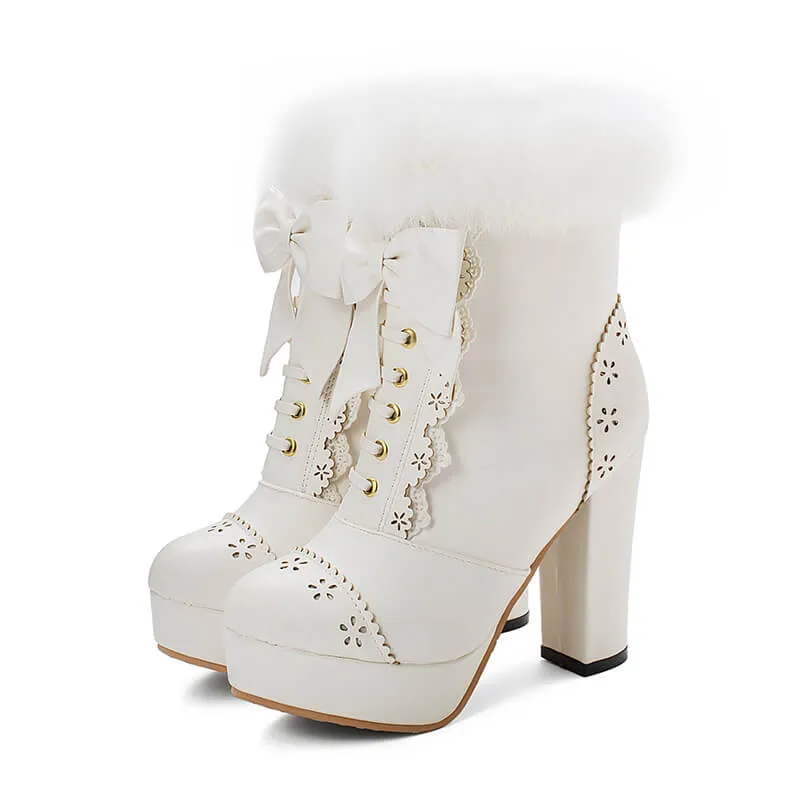 Uniwim Rabbit Fur Lolita Kawaii Bow Boots SE20658