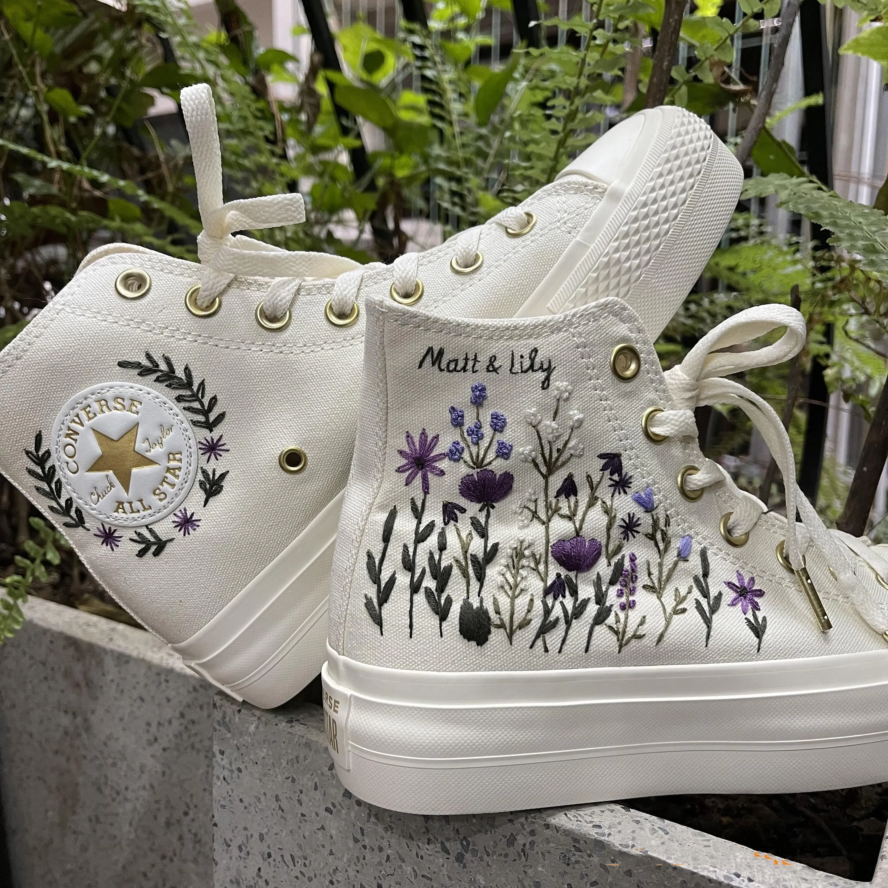 Wedding shoes Converse Platform high top embroidered flower