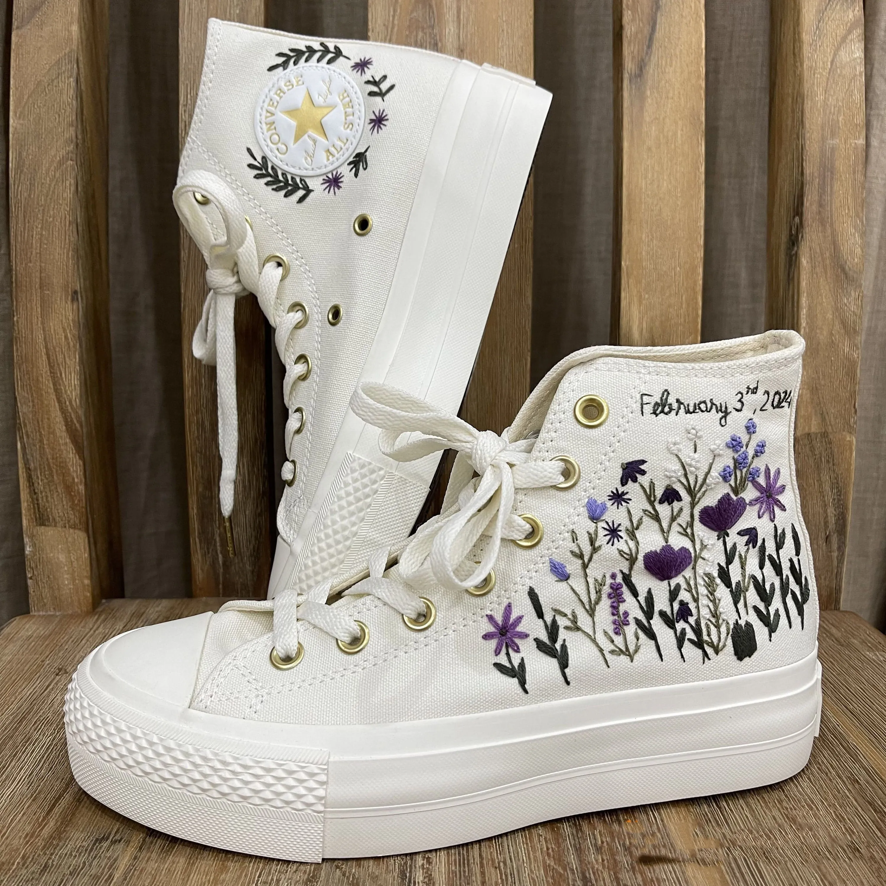 Wedding shoes Converse Platform high top embroidered flower