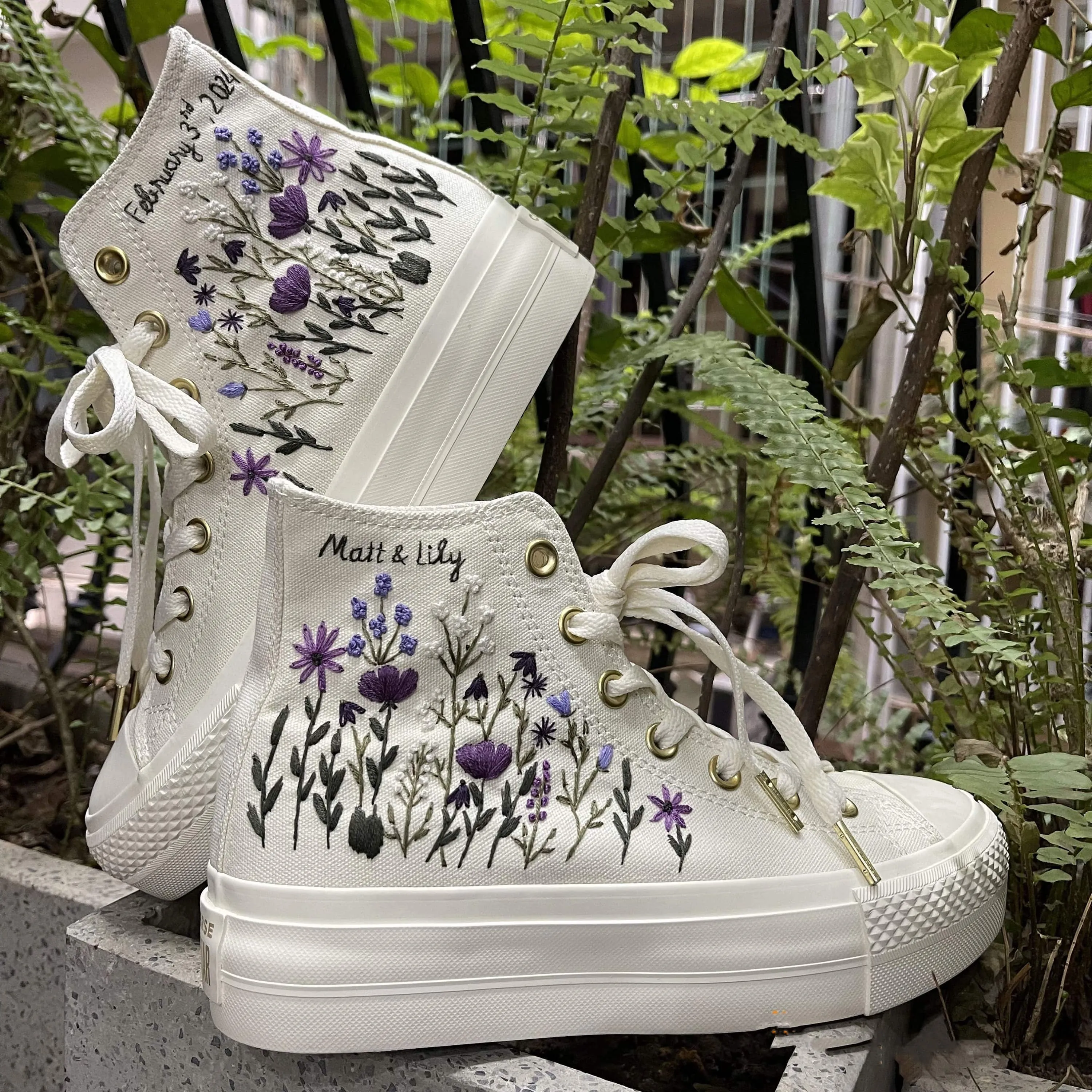 Wedding shoes Converse Platform high top embroidered flower