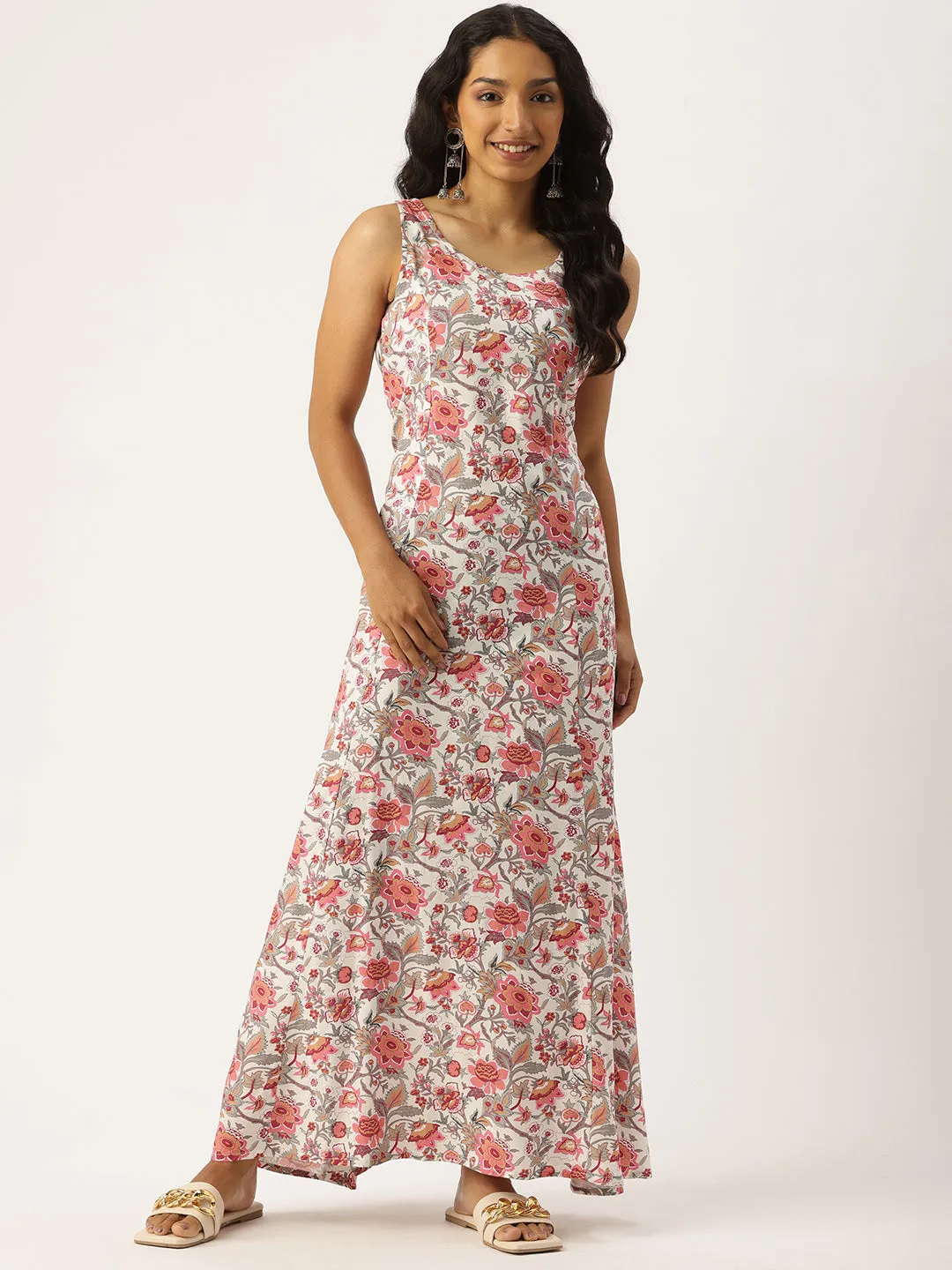 White & Pink Floral Printed Maxi Dress