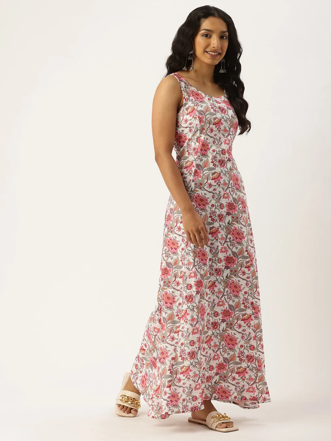 White & Pink Floral Printed Maxi Dress