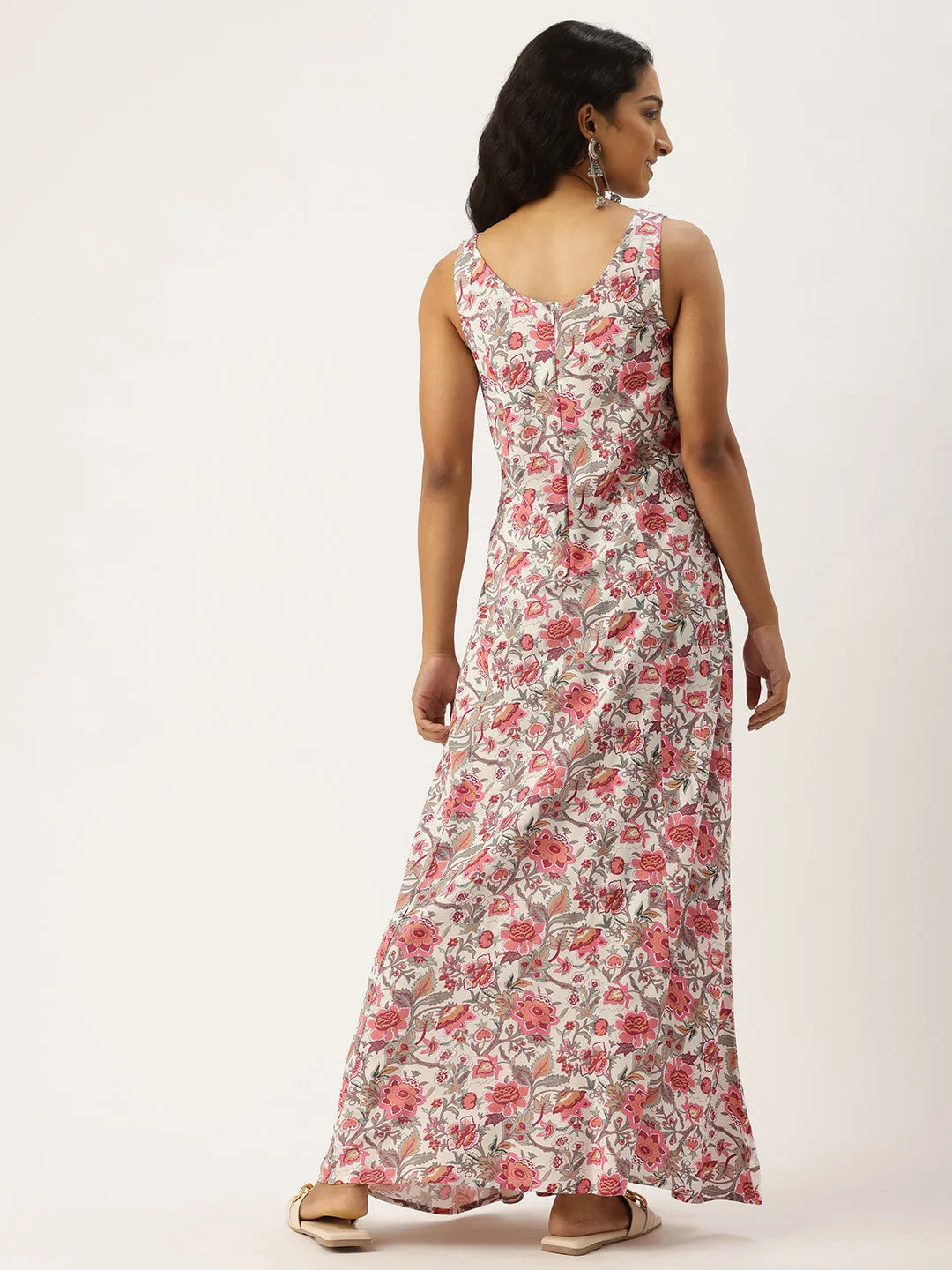 White & Pink Floral Printed Maxi Dress