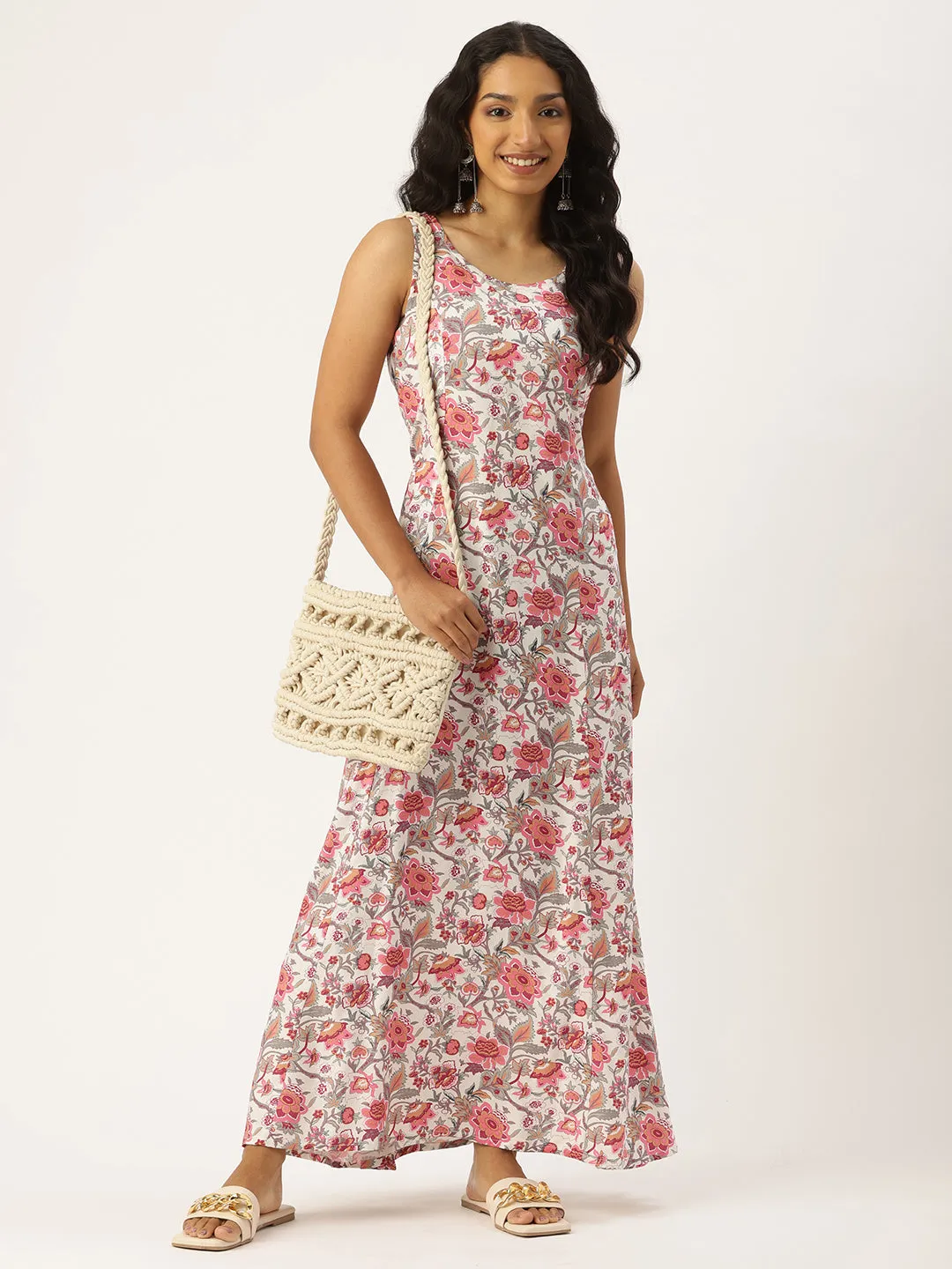 White & Pink Floral Printed Maxi Dress