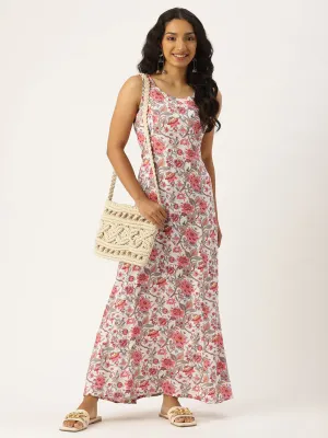 White & Pink Floral Printed Maxi Dress