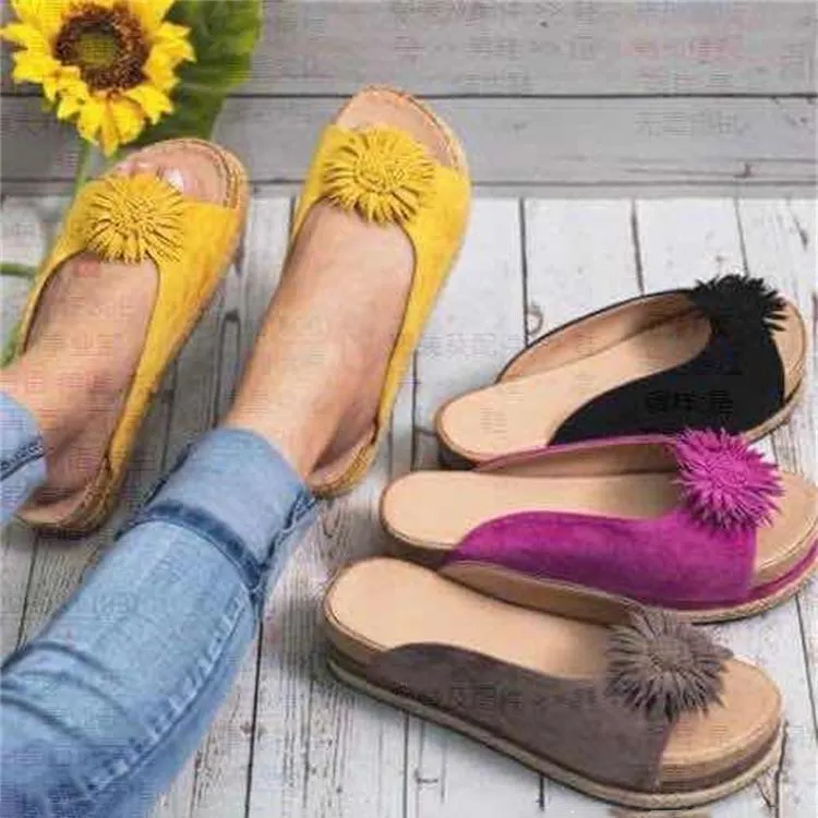 Women flower peep toe thick flatform boho slides summer slippers