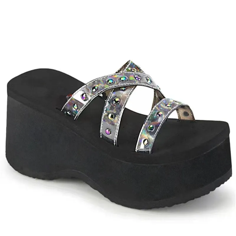 Womens Platform Slippers Summer Rivets Diamond Punk Style Ladies Sandals