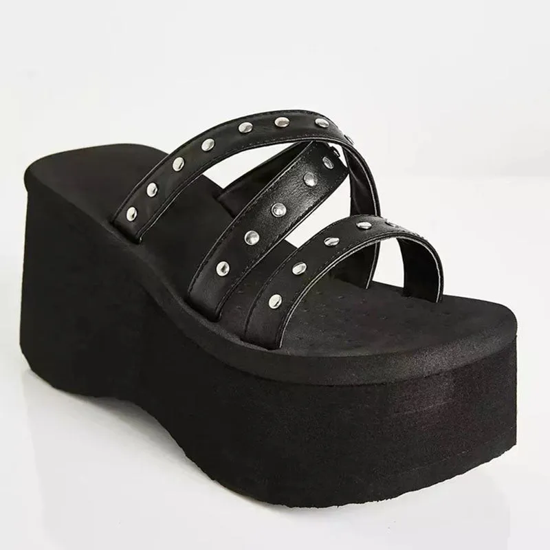 Womens Platform Slippers Summer Rivets Diamond Punk Style Ladies Sandals