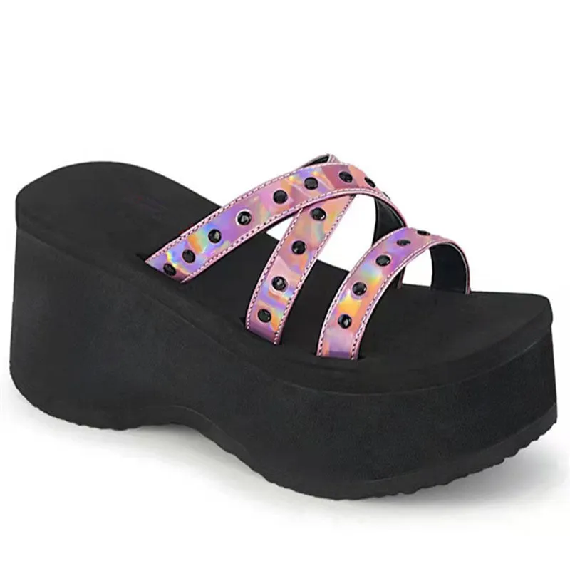 Womens Platform Slippers Summer Rivets Diamond Punk Style Ladies Sandals